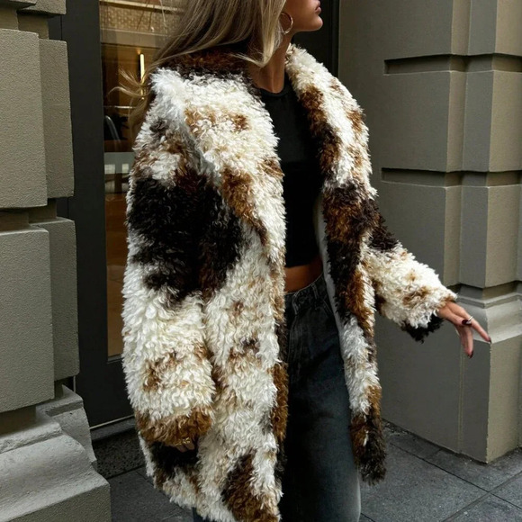 Multicolor Casual Womens Tie-Dye Print Thick Loose Fit Long Fluffy Winter Jacket - Picture 4 of 8